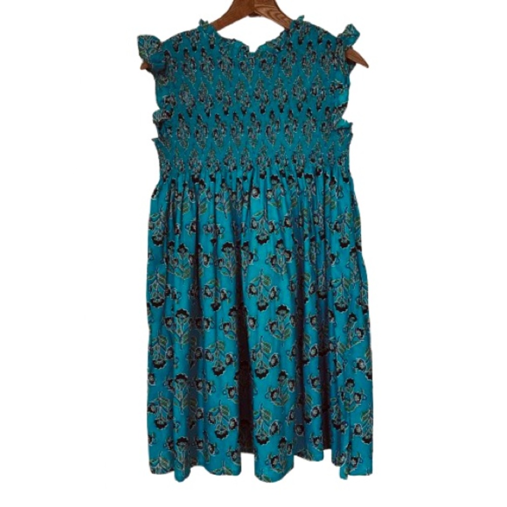 French Connection Girls Smocked Dress Size L Teal Floral Ruffle Cap Sleeves EUC